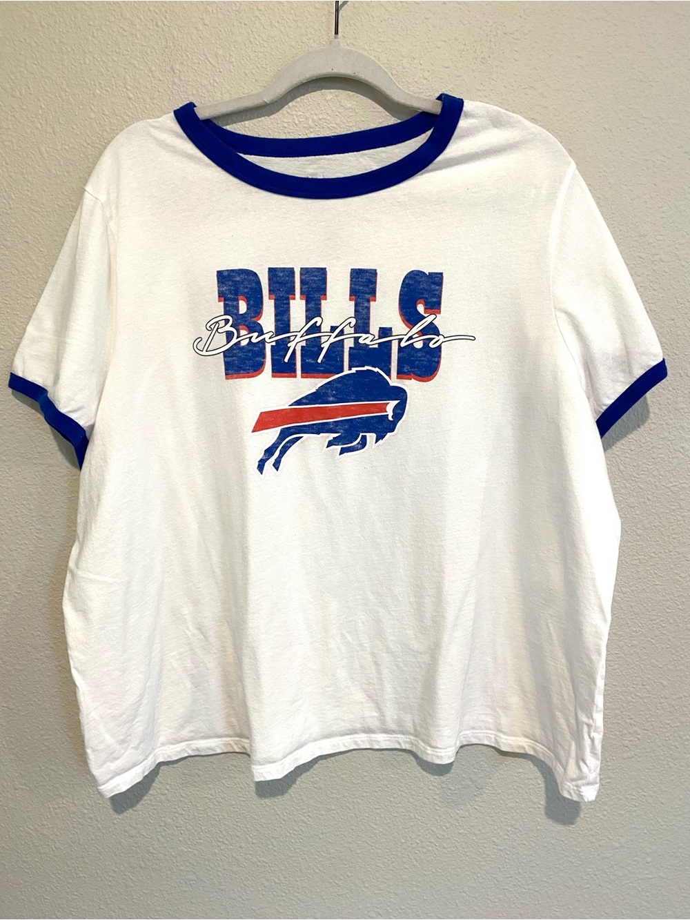 NWOT NFL White Ringer Tee with Blue and Red Buffalo Bills Graphic